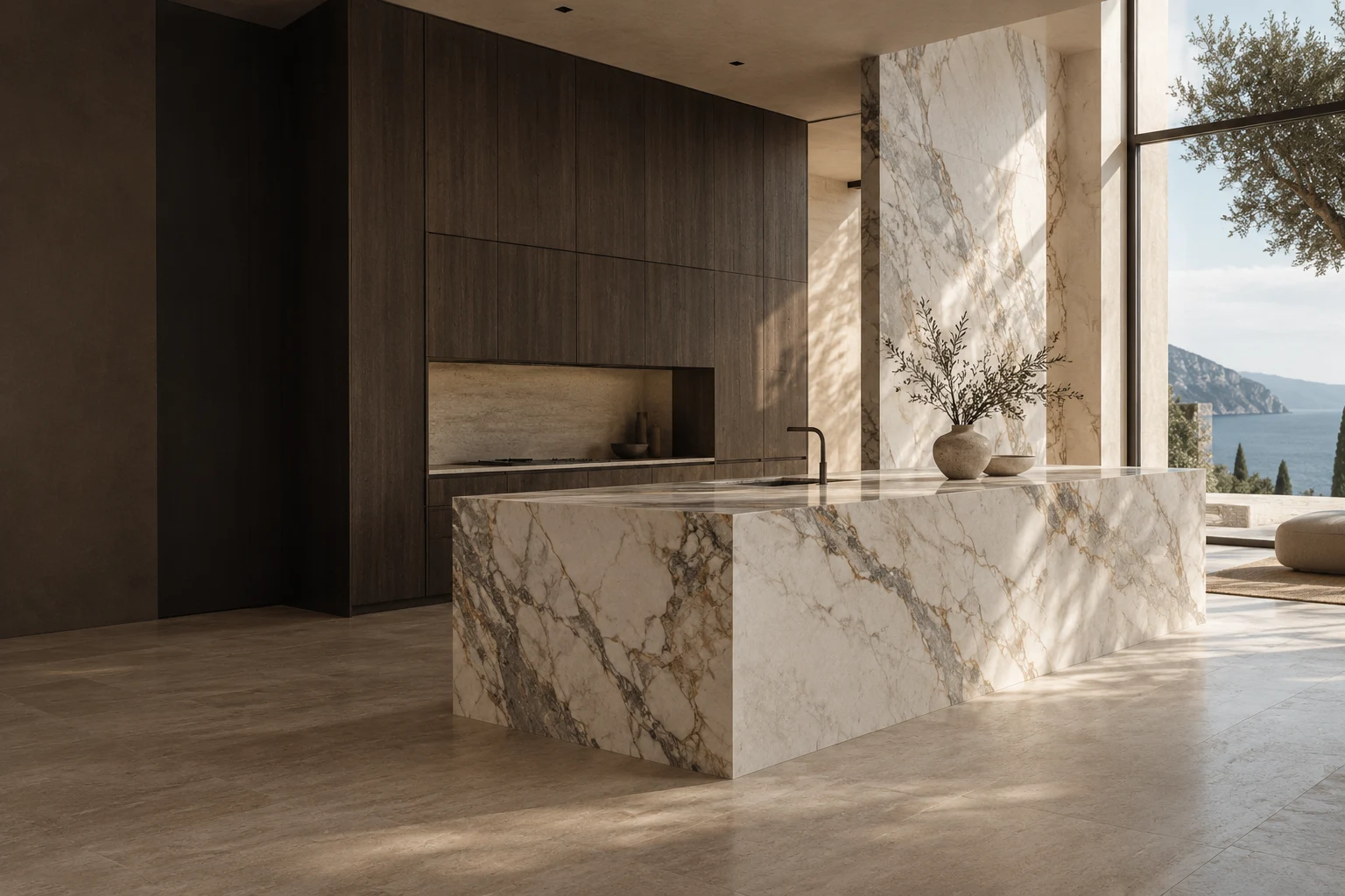 Cream marble kitchen island with warm oak cabinetry