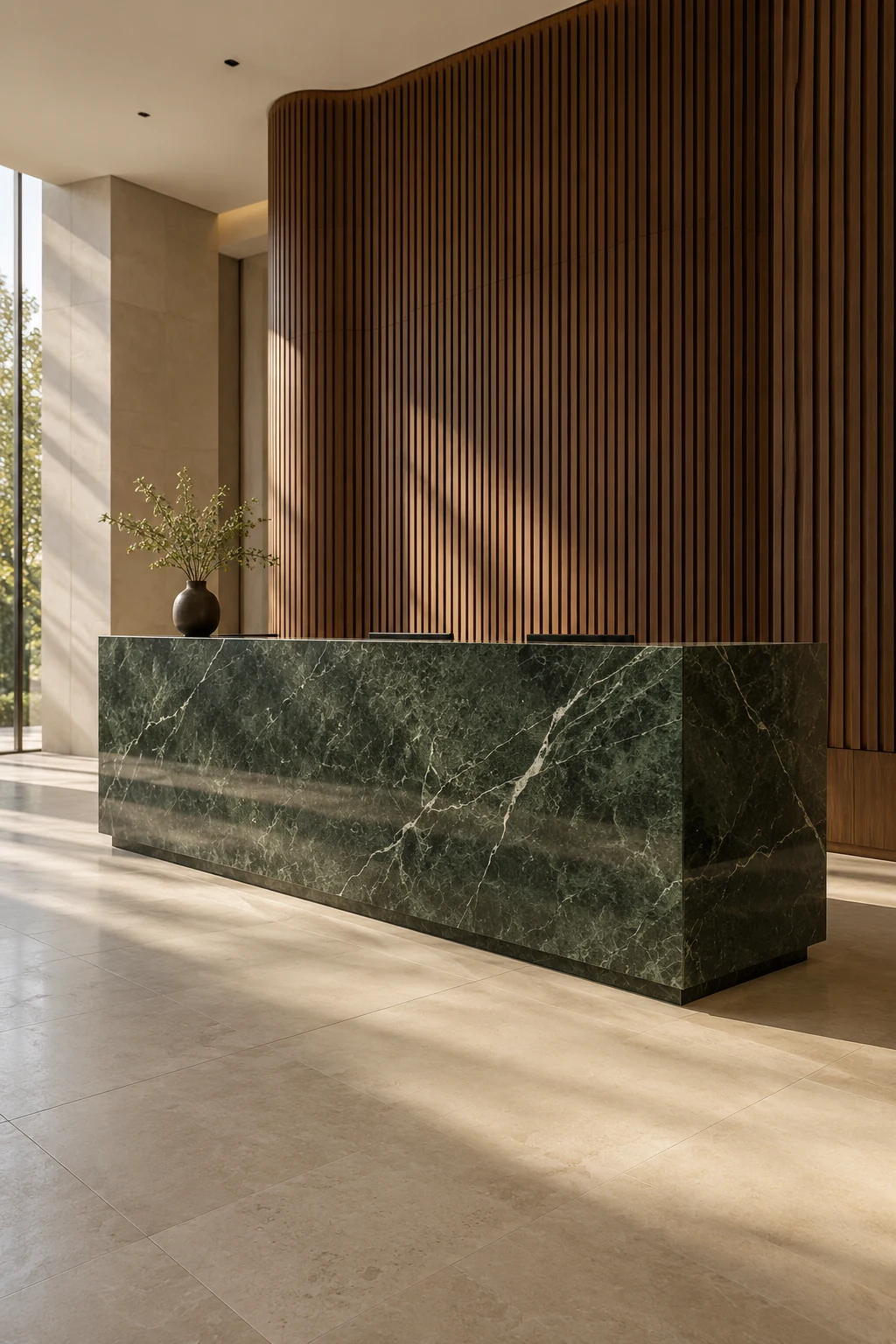 Commercial lobby with a large green marble reception counter and stone flooring