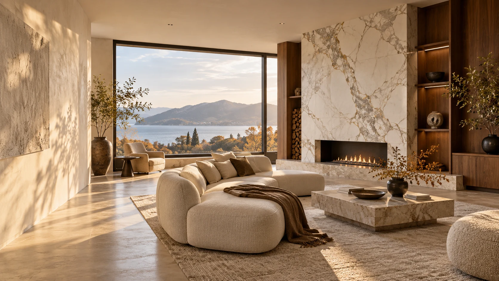 Sunlit residential salon with an ivory marble fireplace and warm timber