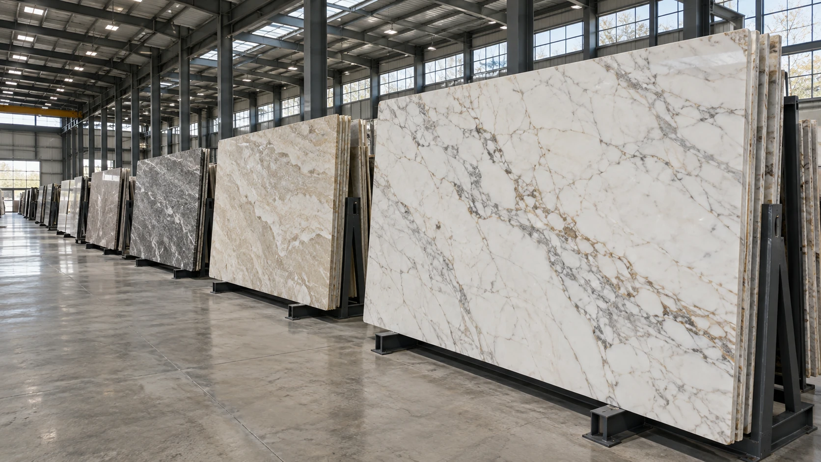 Rows of white marble, cream quartzite and gray stone slabs on warehouse racks