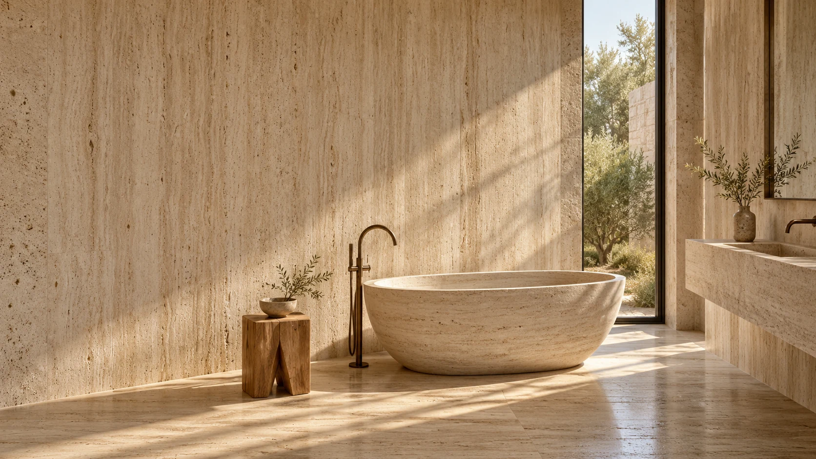 Warm travertine spa bathroom with a sculptural bath